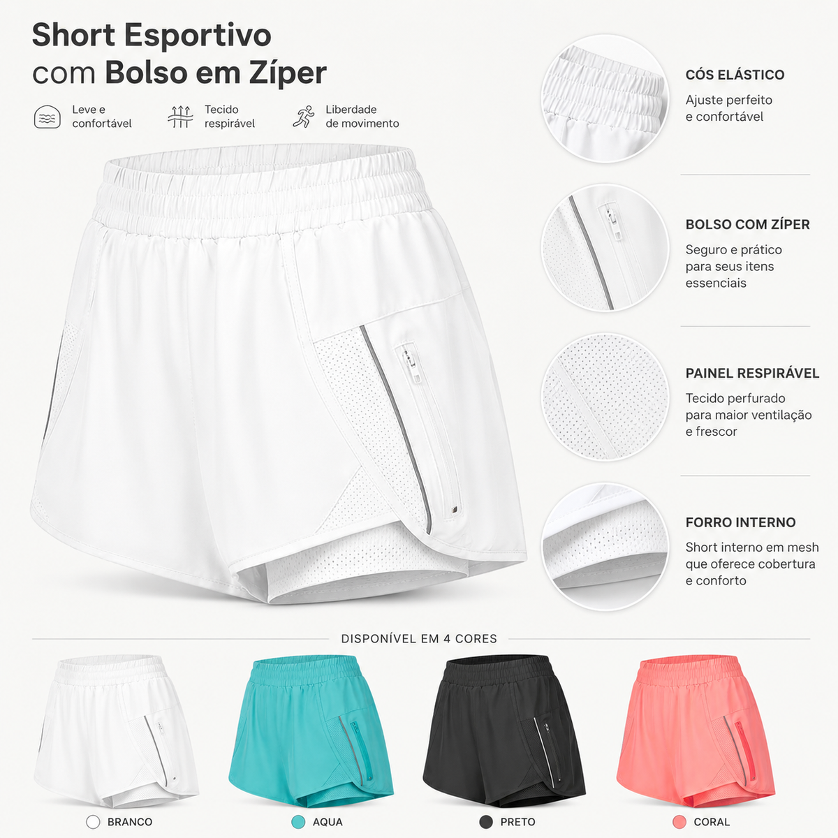 Short Esportivo Feminino MoveFit - Dupla face, Leve, Respirável e com Bolsos de Zíper